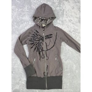 Lulumari studded hoodie sweatshirt leopard print Inner hood Women's Sz S Y2K